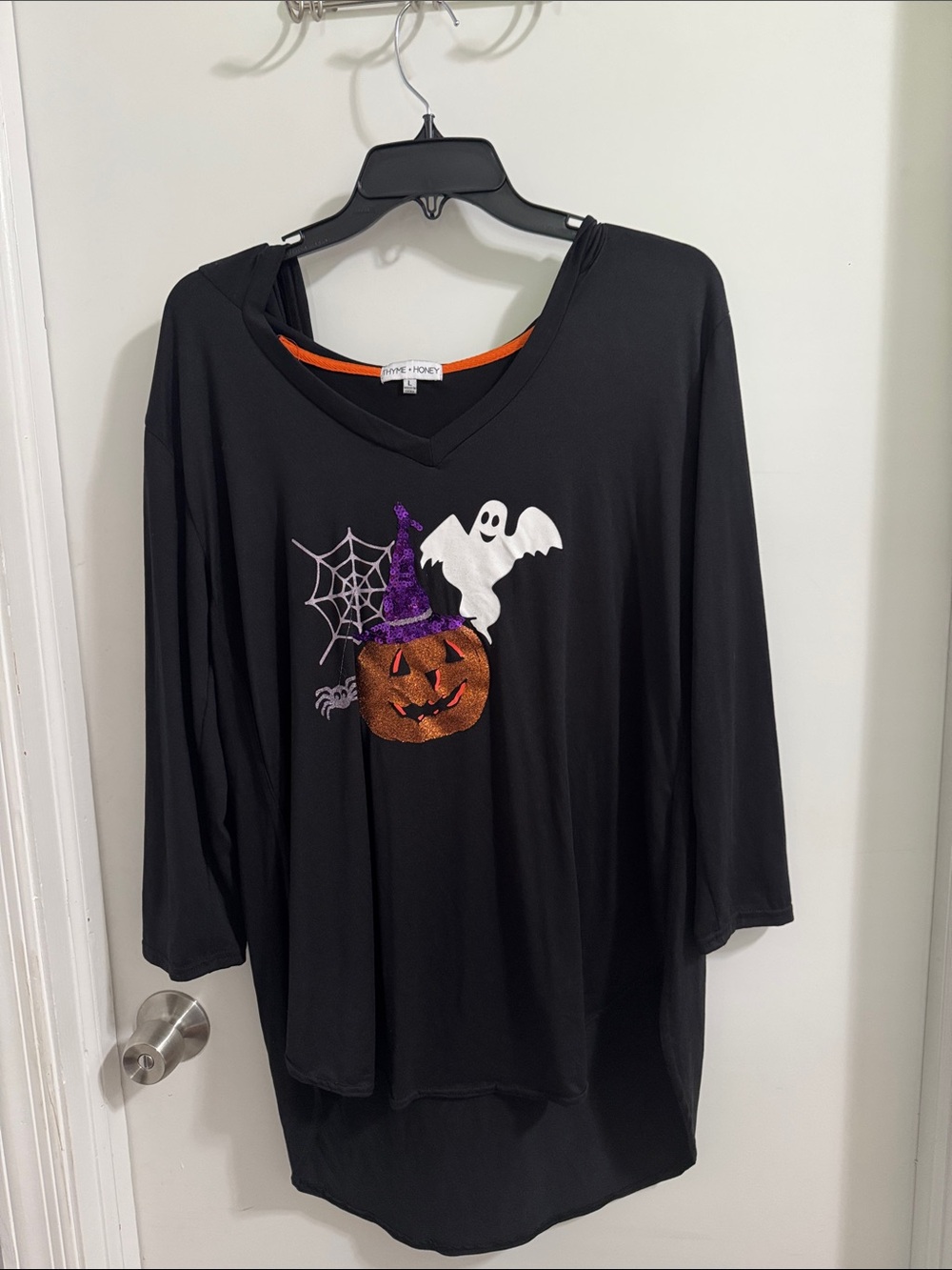 Halloween ladies Black Pumpkin & Ghost Costume Top with hoodie.